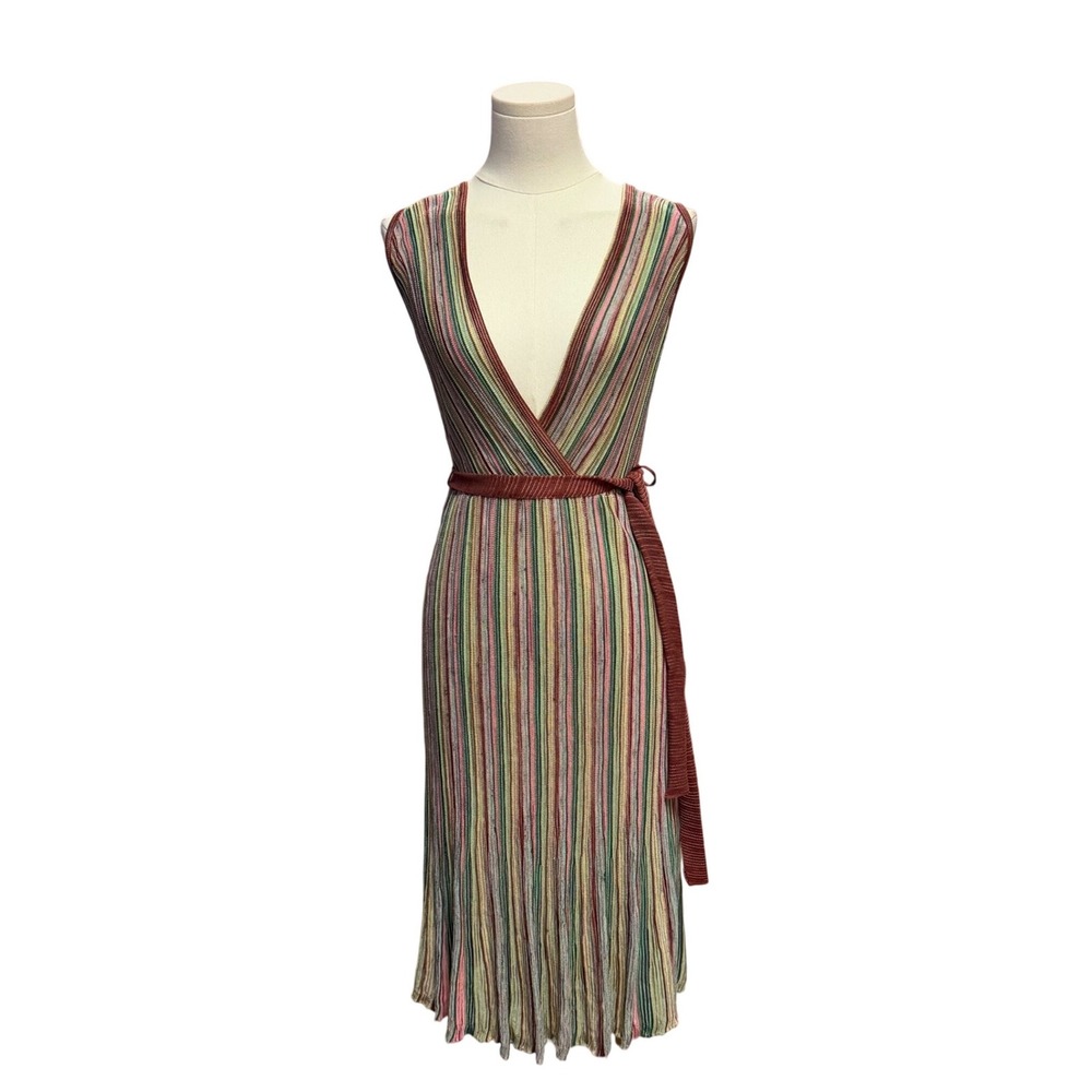 Missoni Knit Dress Womens 42 S Multi Striped Good Midi Wrap V-Neck Made In Italy